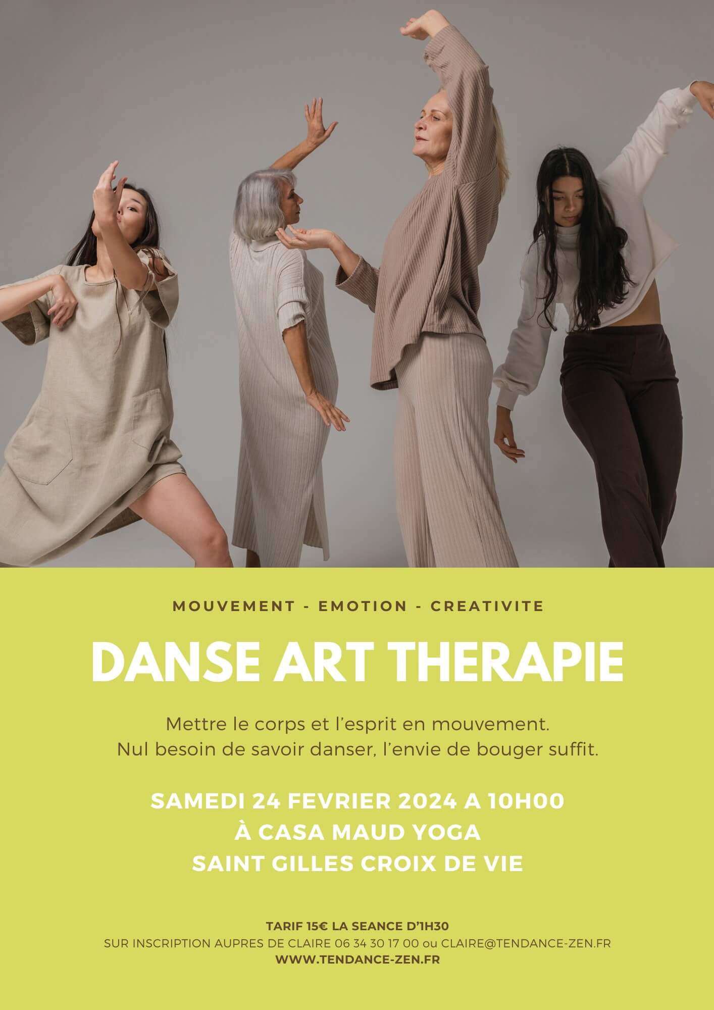 Atelier de danse art thérapie en 2024 à Saint Gilles Croix de Vie, en Vendée, avec Claire Moquet, spécialiste du bien-être.